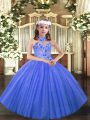 Sleeveless Tulle Floor Length Lace Up Girls Pageant Dresses in Blue with Appliques