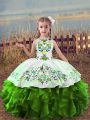 Green Organza Lace Up Scoop Sleeveless Floor Length Child Pageant Dress Embroidery and Ruffles