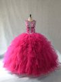 Best Hot Pink Lace Up Scoop Beading Sweet 16 Quinceanera Dress Tulle Sleeveless