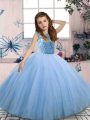 Blue Scoop Neckline Beading Glitz Pageant Dress Sleeveless Lace Up