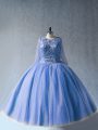 Superior Scoop Long Sleeves Quinceanera Dresses Floor Length Beading Blue Tulle