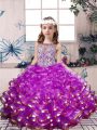 Latest Floor Length Lilac Little Girl Pageant Gowns Organza Sleeveless Beading and Ruffles
