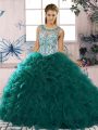 Popular Peacock Green Sleeveless Floor Length Beading and Ruffles Lace Up Vestidos de Quinceanera