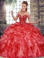 Fancy Halter Top Sleeveless 15 Quinceanera Dress Floor Length Beading and Ruffles Coral Red Organza