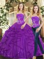 Perfect Sleeveless Tulle Floor Length Lace Up Quince Ball Gowns in Purple with Beading and Ruffles