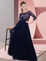 Inexpensive Chiffon Scoop 3 4 Length Sleeve Side Zipper Lace and Belt Quinceanera Court Dresses in Black