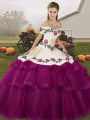 Latest Lace Up Quince Ball Gowns Fuchsia for Military Ball and Sweet 16 and Quinceanera with Embroidery and Ruffled Layers Brush Train