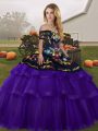 Simple Black And Purple Sleeveless Brush Train Embroidery and Ruffled Layers Sweet 16 Dresses