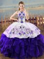 Romantic White And Purple Halter Top Lace Up Embroidery and Ruffles Quinceanera Gown Sleeveless