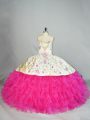 Great Fuchsia Ball Gowns Sweetheart Sleeveless Organza Floor Length Lace Up Embroidery Sweet 16 Quinceanera Dress