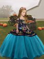 New Arrival Floor Length Lace Up Little Girl Pageant Gowns Teal for Party and Wedding Party with Embroidery