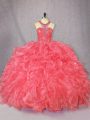 Classical Floor Length Ball Gowns Sleeveless Coral Red Quinceanera Gowns Zipper