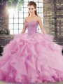 Trendy Beading and Ruffles Sweet 16 Dress Lilac Lace Up Sleeveless Brush Train
