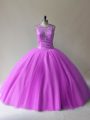 Lilac Ball Gowns Beading Sweet 16 Quinceanera Dress Lace Up Tulle Sleeveless Floor Length