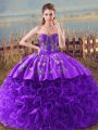 Purple Sleeveless Fabric With Rolling Flowers Brush Train Lace Up Quince Ball Gowns for Sweet 16 and Quinceanera