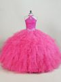 Halter Top Sleeveless Tulle Sweet 16 Dress Beading and Ruffles Lace Up