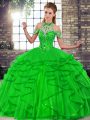 Green Tulle Lace Up Halter Top Sleeveless Floor Length Sweet 16 Quinceanera Dress Beading and Ruffles