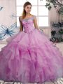 Lilac Ball Gowns Off The Shoulder Sleeveless Organza Floor Length Lace Up Beading and Ruffles Quinceanera Dress