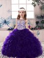 Purple Sleeveless Floor Length Beading and Ruffles Lace Up Girls Pageant Dresses