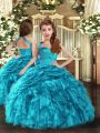 Baby Blue Sleeveless Floor Length Ruffles and Ruching Lace Up Girls Pageant Dresses