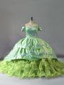 Yellow Green Off The Shoulder Lace Up Embroidery and Ruffles Sweet 16 Dress Chapel Train Sleeveless