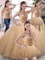 Elegant Gold Sleeveless Beading Floor Length Ball Gown Prom Dress