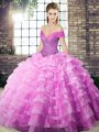 Lilac Lace Up Off The Shoulder Beading and Ruffled Layers Quince Ball Gowns Organza Sleeveless Brush Train