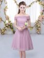 Pink Bridesmaids Dress Wedding Party with Belt Off The Shoulder Short Sleeves Lace Up
