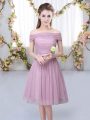 Pink Bridesmaids Dress Wedding Party with Belt Off The Shoulder Short Sleeves Lace Up