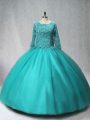 Fancy Turquoise Ball Gowns Scoop Long Sleeves Tulle Floor Length Lace Up Beading Sweet 16 Dresses