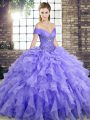 Exceptional Lavender Ball Gowns Organza Off The Shoulder Sleeveless Beading and Ruffles Lace Up 15 Quinceanera Dress Brush Train