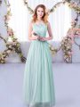 Shining Light Blue Empire Tulle Scoop Sleeveless Lace and Belt Floor Length Side Zipper Dama Dress