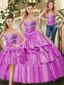 Flare Sleeveless Satin Floor Length Lace Up 15 Quinceanera Dress in Lilac with Beading and Ruffled Layers