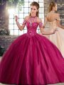 Flare Fuchsia Halter Top Lace Up Beading Sweet 16 Quinceanera Dress Brush Train Sleeveless