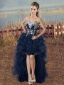 Navy Blue A-line Beading and Ruffled Layers Prom Dresses Lace Up Organza Sleeveless High Low