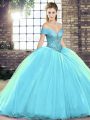 Sleeveless Beading Lace Up Sweet 16 Dress with Aqua Blue Brush Train