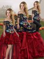 Chic Red And Black Three Pieces Organza Off The Shoulder Sleeveless Embroidery and Ruffles Floor Length Lace Up Sweet 16 Quinceanera Dress
