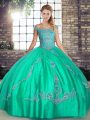 Turquoise Ball Gowns Tulle Off The Shoulder Sleeveless Beading and Embroidery Floor Length Lace Up Quince Ball Gowns