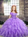 Floor Length Lavender Little Girls Pageant Dress Wholesale Straps Sleeveless Lace Up