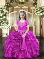 New Arrival Fuchsia Organza Lace Up Little Girls Pageant Dress Sleeveless Floor Length Beading and Ruffles