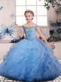 Blue Off The Shoulder Lace Up Beading and Ruffles Kids Formal Wear Sleeveless