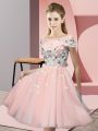 Customized Pink Empire Tulle Off The Shoulder Short Sleeves Appliques Knee Length Lace Up Bridesmaids Dress