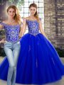 Royal Blue Sleeveless Floor Length Beading Lace Up Sweet 16 Dress