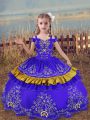 Blue Ball Gowns Satin Off The Shoulder Sleeveless Beading and Embroidery Floor Length Lace Up Kids Formal Wear