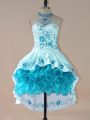 Romantic Sleeveless High Low Embroidery and Ruffles Lace Up Prom Dress with Aqua Blue