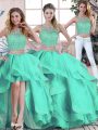 Turquoise Tulle Zipper Sweet 16 Quinceanera Dress Sleeveless Floor Length Beading and Ruffles