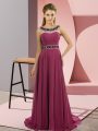 Stunning Fuchsia Empire Scoop Sleeveless Chiffon Brush Train Zipper Beading Prom Homecoming Dress