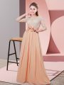 High End Peach 3 4 Length Sleeve Floor Length Lace and Belt Side Zipper Dama Dress for Quinceanera