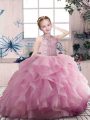 Beading and Ruffles Pageant Gowns For Girls Pink Zipper Sleeveless Floor Length