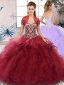 Fabulous Tulle Off The Shoulder Sleeveless Lace Up Beading and Ruffles Quinceanera Gown in Burgundy